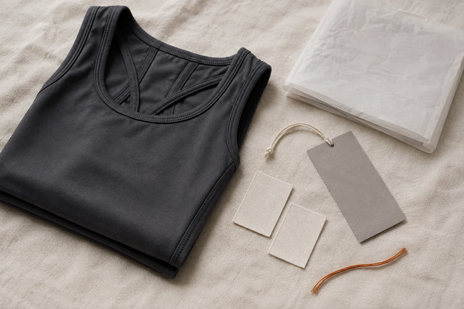 Illustrative folded charcoal activewear with blank labels, hangtag and packaging