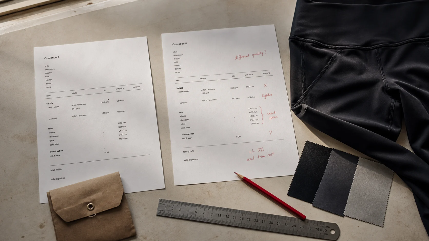 Editorial illustration: Two unbranded activewear factory quotation sheets reviewed beside a black legging, fabric swatches, ruler and red pencil