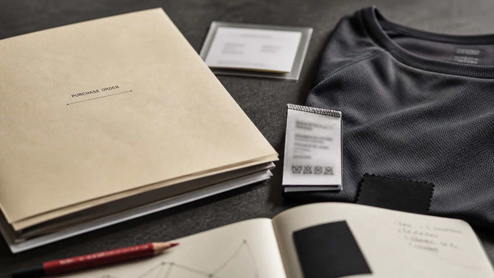 Editorial illustration: Purchase-order folder, blurred business identity cards, care-label prototype and black activewear top arranged for entity verification