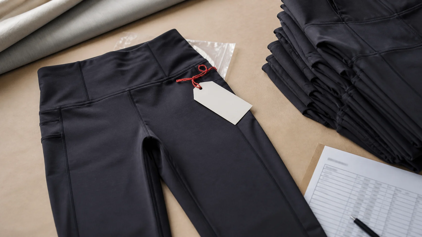 Editorial illustration: One tagged black legging sample separated from a stack of bulk garments beside a blurred measurement sheet