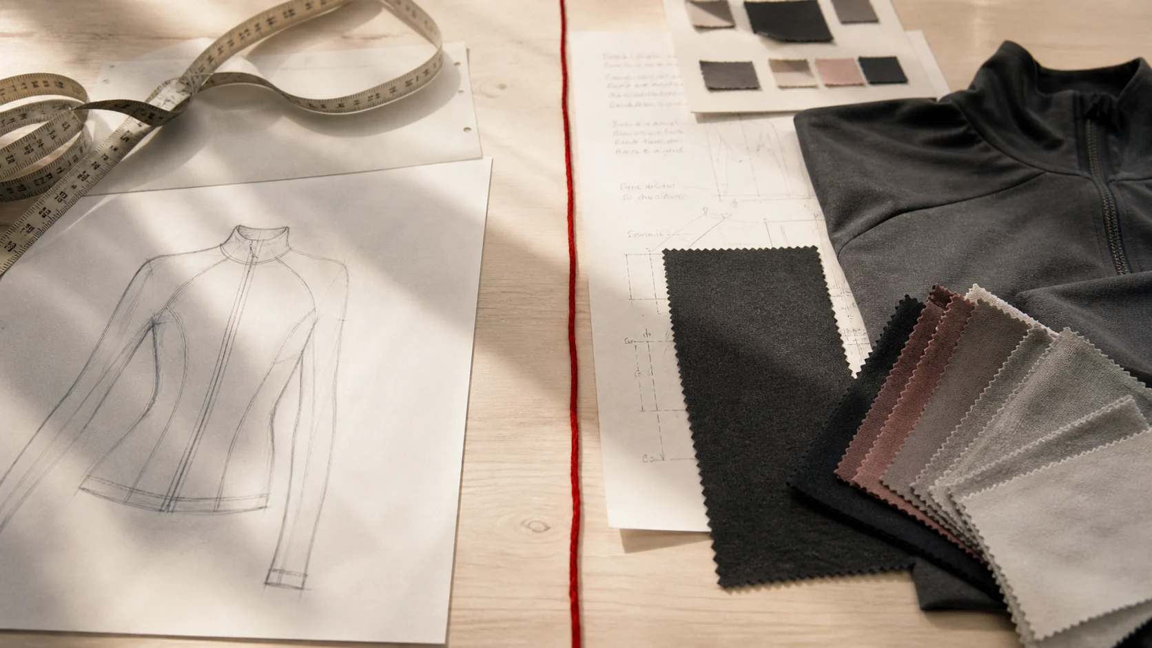 Editorial illustration: Original activewear sketch and pattern work separated by red thread from a finished sample, fabric swatches and construction notes